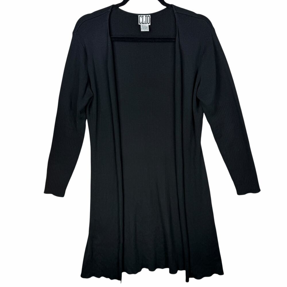 CLIO Open Front Long Sweater Cardigan Womens Large Silk Cotton Ribbed Knit Black